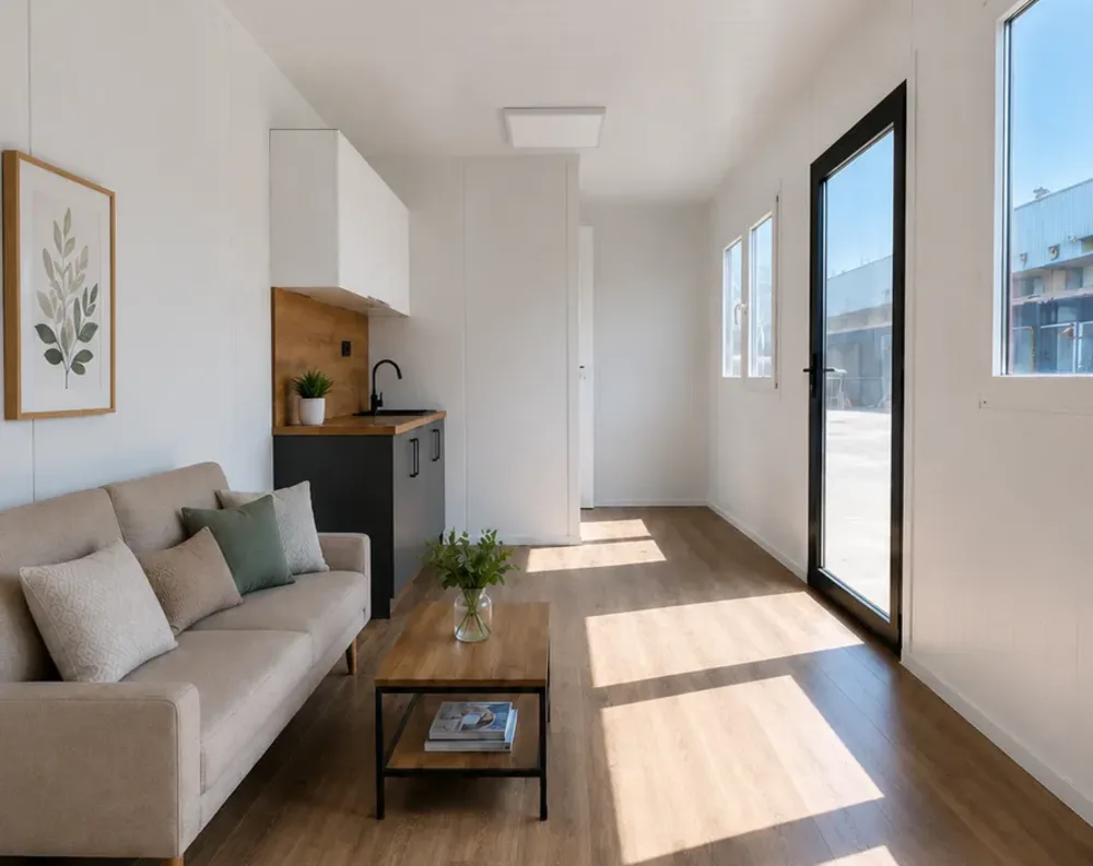 This is an interior view of a narrow, elongated modular room with a clean, minimalist design. The space stretches from a cozy living area in the foreground to a small kitchenette and hallway beyond. White paneled walls and ceiling create a bright, airy feel, complemented by warm wood-toned laminate flooring. On the right side, a full-height glass door with black framing leads outside, flanked by two smaller square windows also trimmed in black. A beige sofa with patterned and green throw pillows sits against the left wall, paired with a wooden coffee table holding a glass vase of greenery. The kitchenette features white upper cabinets, dark lower cabinets, and a wood countertop with a black faucet.