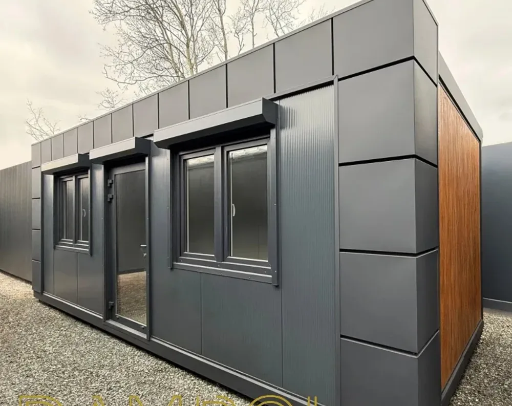 This modular garden office is a sleek, rectangular structure with a flat roof and dark charcoal-grey paneled cladding arranged in a grid pattern. The front facade features one glass-paned entry door positioned left-of-center, flanked by two double-pane windows—one to its left, one to its right—each topped with a small protruding awning-style overhang matching the dark cladding. Vertical ribbed dark trim accents the corner edges. The right end wall showcases a warm wood-toned panel, contrasting nicely with the grey. The building sits on a gravel surface, with bare wintry trees and an overcast sky in the background, alongside a matching dark fence panel to the left.